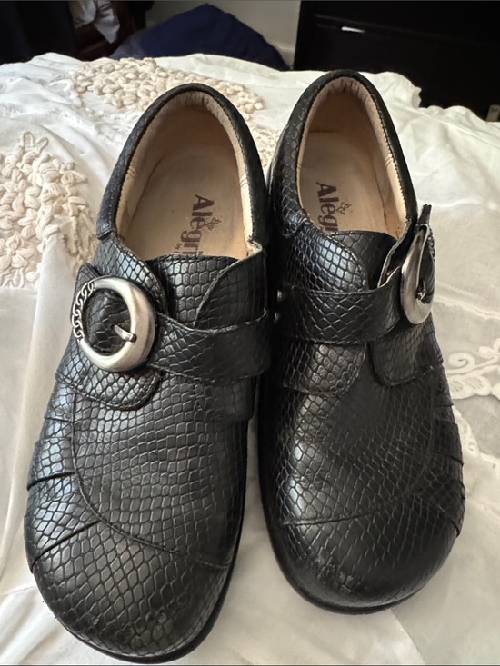 Alegria Shoes - Alegria Black Leather Slip-On Loafers with Silver Buckle